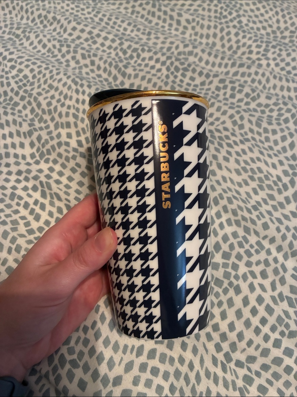 Starbucks Navy, White & Gold Houndstooth Travel Cup